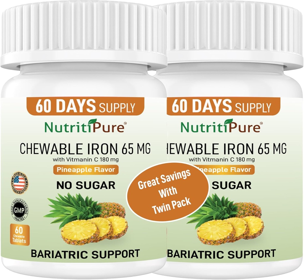 Fer à croquer 65 mg avec la vitamine C 180 mg - Comprimé dans l'arôme d'ananas 60 Compte (2)