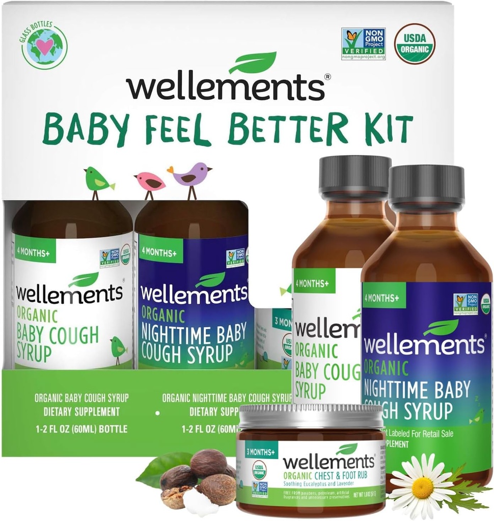 Wellements Organic Baby Feel Better Kit per 4 mesi+ | Day & Night Syrups with Chest & Foot Rub | Soothing Comfort* for Babies | USDA Certified Organic, Non-GMO, Gentle Baby Care Set
