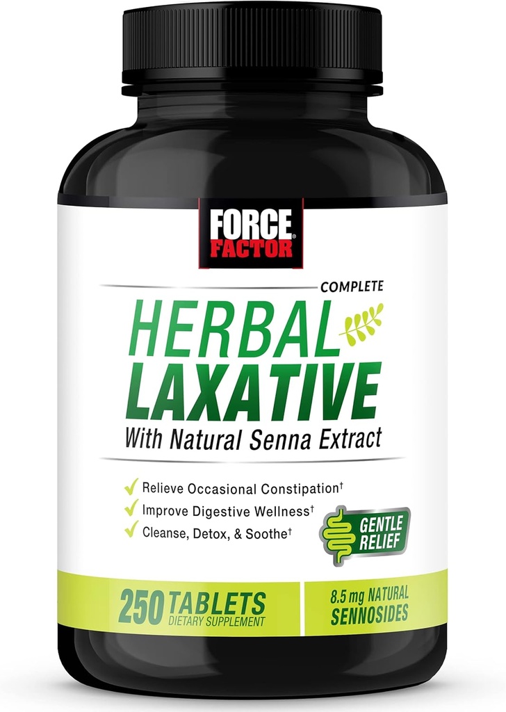 FORCE FACTOR Herbal Laxative for Constipation Relief for Adults, Digestion Supplement Made with Senna to Cleanse, Detox, and Soothe, Laxatives for Constipation for Women and Men, 250 Tablets