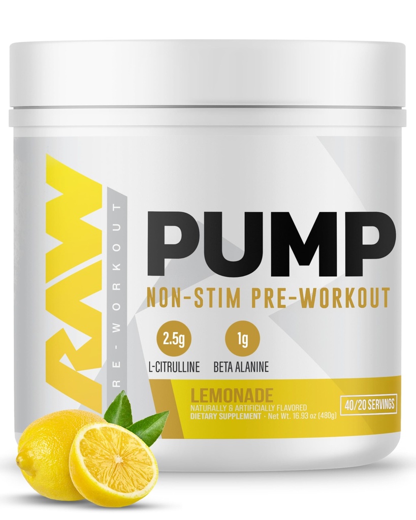 Pompa RAW Stim Free Pre Workout (Lemonade) - Non-Stimolant Pre Workout Supplement Powder Nitric Oxide Booster - Pre Workout Supplements Drink for Durante l'allenamento - 40 Serve