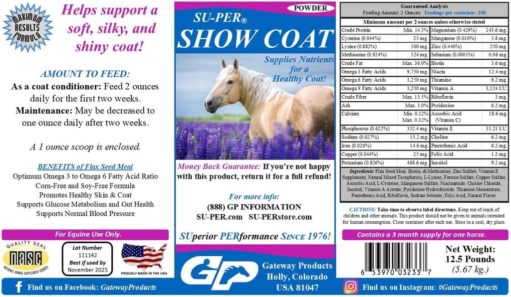 SUPER Supplément de manteau de montre pour chevaux - Supports doux, soyeux et brillant - Mane plus rapide et croissance de queue - Acides aminés, vitamines complexes B et minéraux - 12,5 livres, 3 mois d'approvisionnement