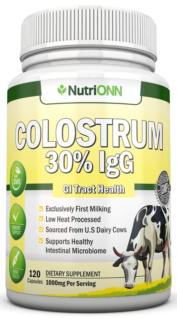 Colostrum - 1000mg - 120 Kapseln - 30% IgG - Non-GMO US Dairy - Erste Milch Bovine Colostrum - Niedrige Wärme verarbeitet - Toll für GI Tra Health - Immununterstützung - Knochen und Muskelgesundheit