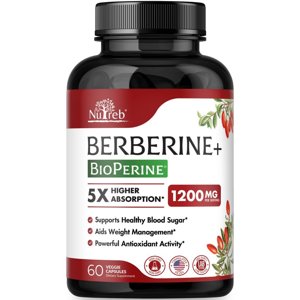 Integratore di Berberina 1200mg - 5X Assorbimento Superiore - Ultra Pure 98% Berberina HCL - Gestione sana del peso, Supporto immunitario - Non OGM, Prodotto in USA - 60 capsule vegane