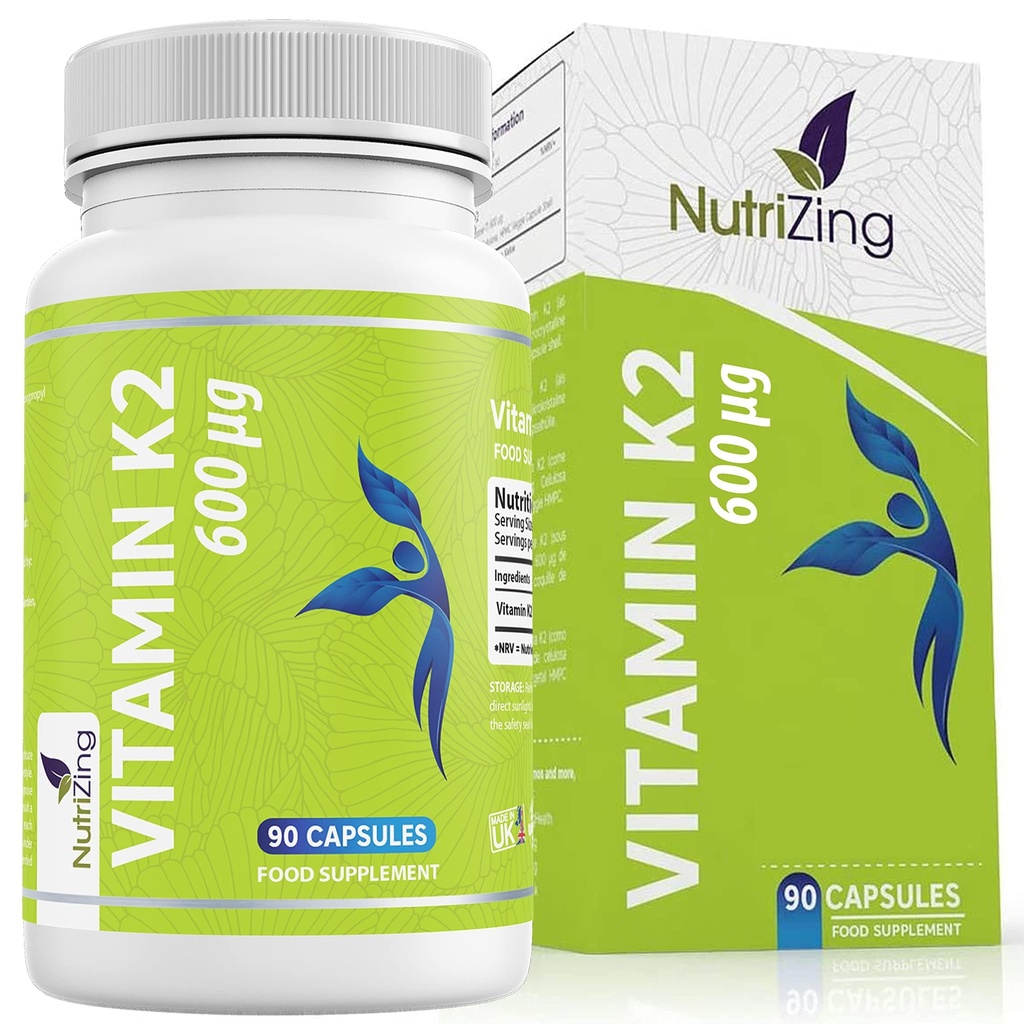 NutriZing K2 Vitamin Supplement MK-7 - Hohe Festigkeit 600mcg - Unterstützt Knochen und arterielle Gesundheit - 90 Vegan Kapseln - Vitamin K2 für Männer & Frauen - 3 Monate Versorgung