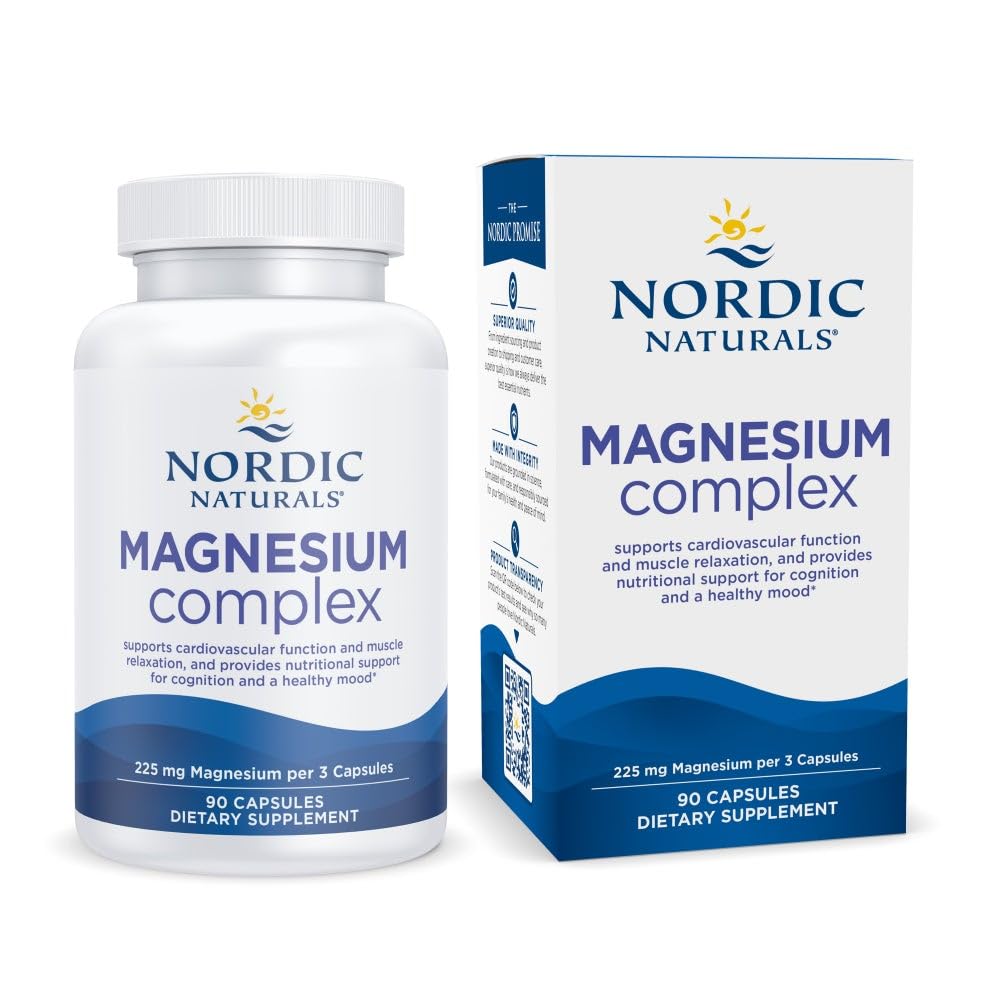 Nordic Naturals Magnesium Complex - 90 Capsules - 225 mg Magnesio, 1,9 mg Ferro - Brain & Heart Health, Mood, Energy, & Muscle Relaxation - Non OGM, Vegan - 30 Serve