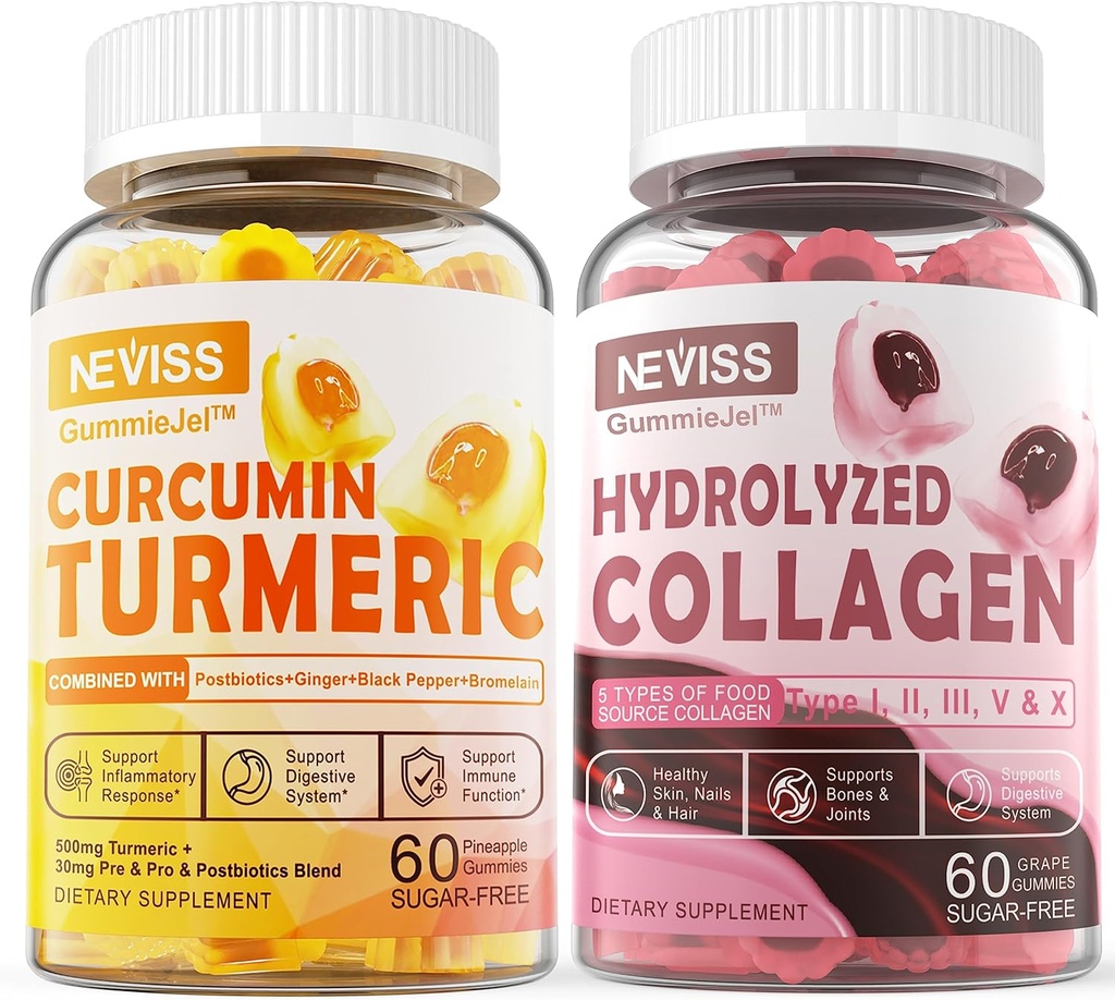 Zuckerfreie Kollagen gefüllte Gummis + Zucker freie Kurkuma Curcumin gefüllte Gummis, für gesunde Haut Haarnägel, Knochen & Gelenkunterstützung, Immun- & Verdauungs-Gesundheit