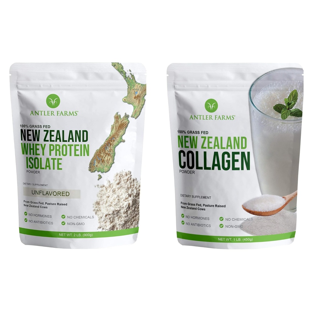 Antler Farms - 100% erba Fed New Zealand Whey Protein Isolate & Collagen Powder Bundle