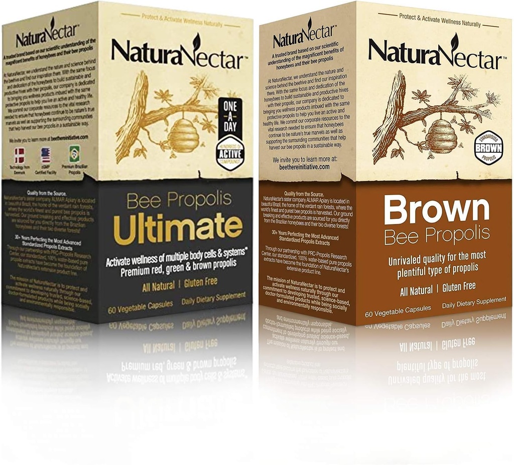 NaturaNectar Propolis naturelle de l'abeille Bundle – Propolis d'abeille Ultimate et Propolis d'abeille brune - pour le soutien des systèmes immunitaire, cardiovasculaire et respiratoire - 60 Capsules par bouteille