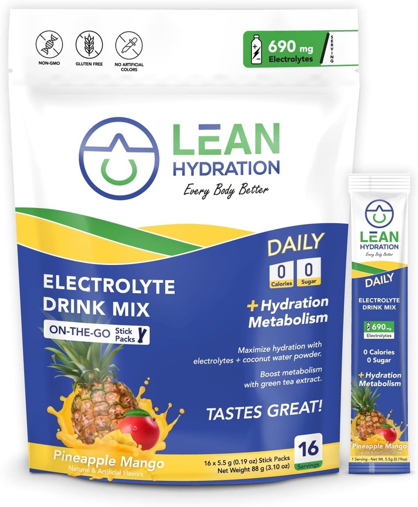 Lean Hydration Täglich Elektrolyt-Packets Getränk Mischung | Zero Calories, Zero Sugar plus Vitamine, Mineralstoffe & More | 16 ct (Pineapple Mango)