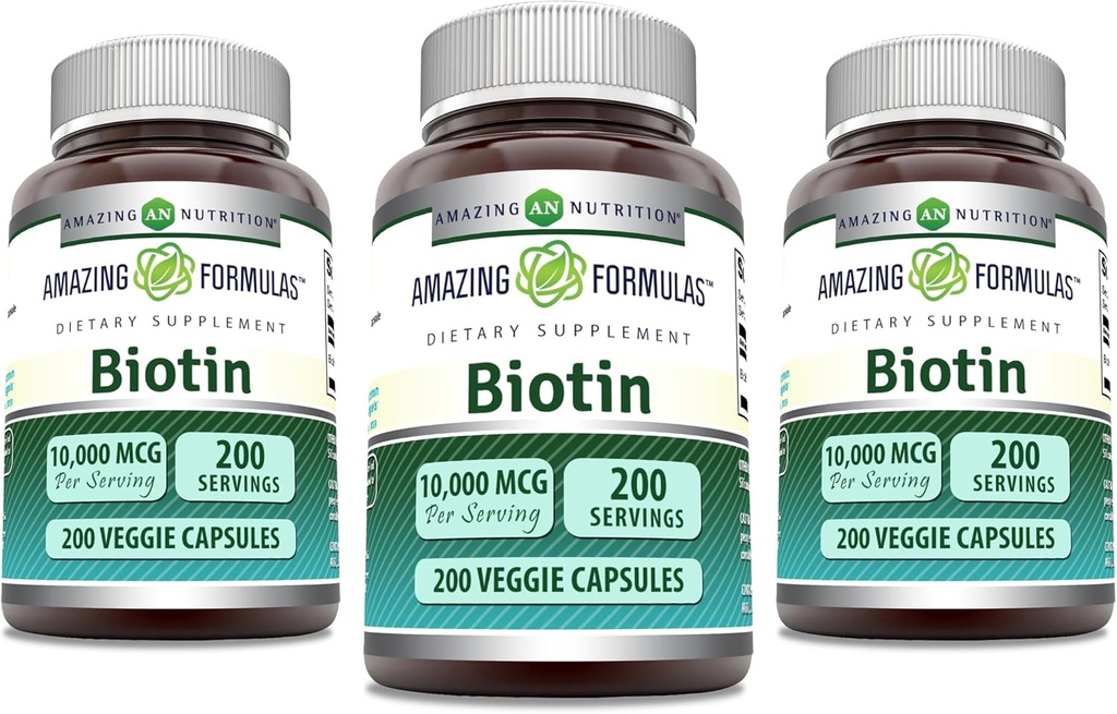 Incredibile Formulas Biotin 10000 mcg Veggie Capsule | Vitamina B7 Supplemento | Non-GMO | Gluten Free | Made in USA (200 Count | 3 Pack)