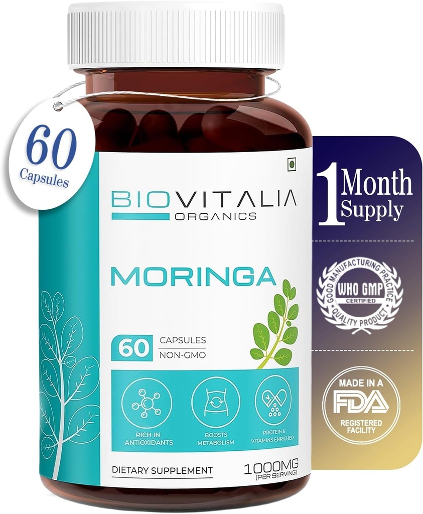 Biovitalia Moringa 1000mg | Autentico nella salute generale e nel benessere | Booster | Migliorare il metabolismo e la digestione | Buono per pelle e capelli - 60 Vegan Capsule