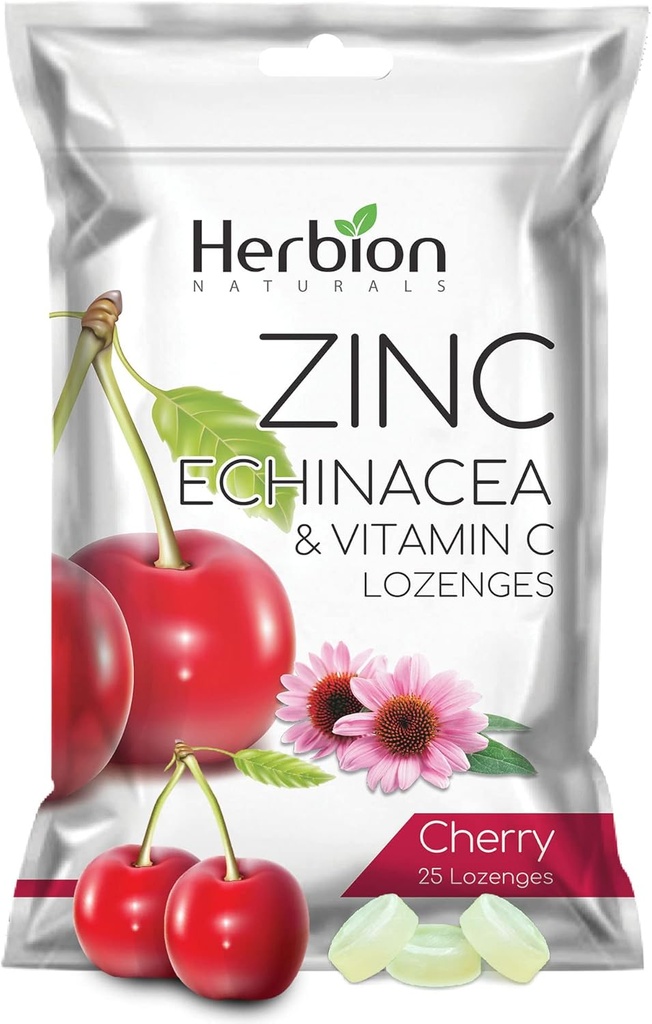 HERBION Naturals Zinc, Echinacea & Vitamine C Lozenges 25 CT, complément alimentaire pour adultes et enfants 5+, favorise le mieux-être pour toute la famille, 25 comte, cerise, paquet de 1