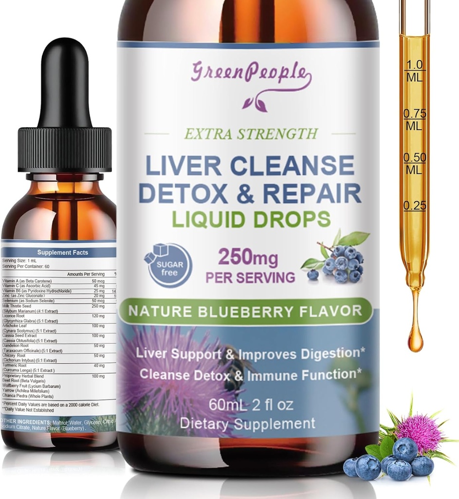 GREENPEOPLE Nettoyez le foie Détox et les gouttes de réparation - Supplément de foie avec le chardon Silymarin, Artichaut et Dandelion pour le foie Détox et le soutien- 16 x Potent Herb-Nutrients - 2Fl Oz Blueberry Flavor