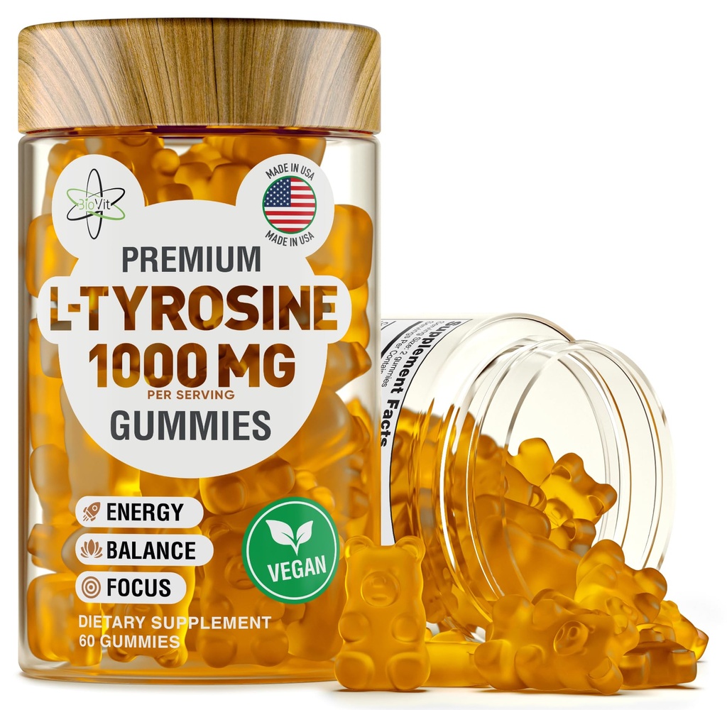 BioVit L Tyrosine Gummies - Aminoacido attivato L Tyrosine Supplemento - Focus naturale, Mood and Energy Supplement for Kids & Adults - L-Tyrosine 1000MG per Serving, 500MG per Gummy - 60 Vegan Gummies