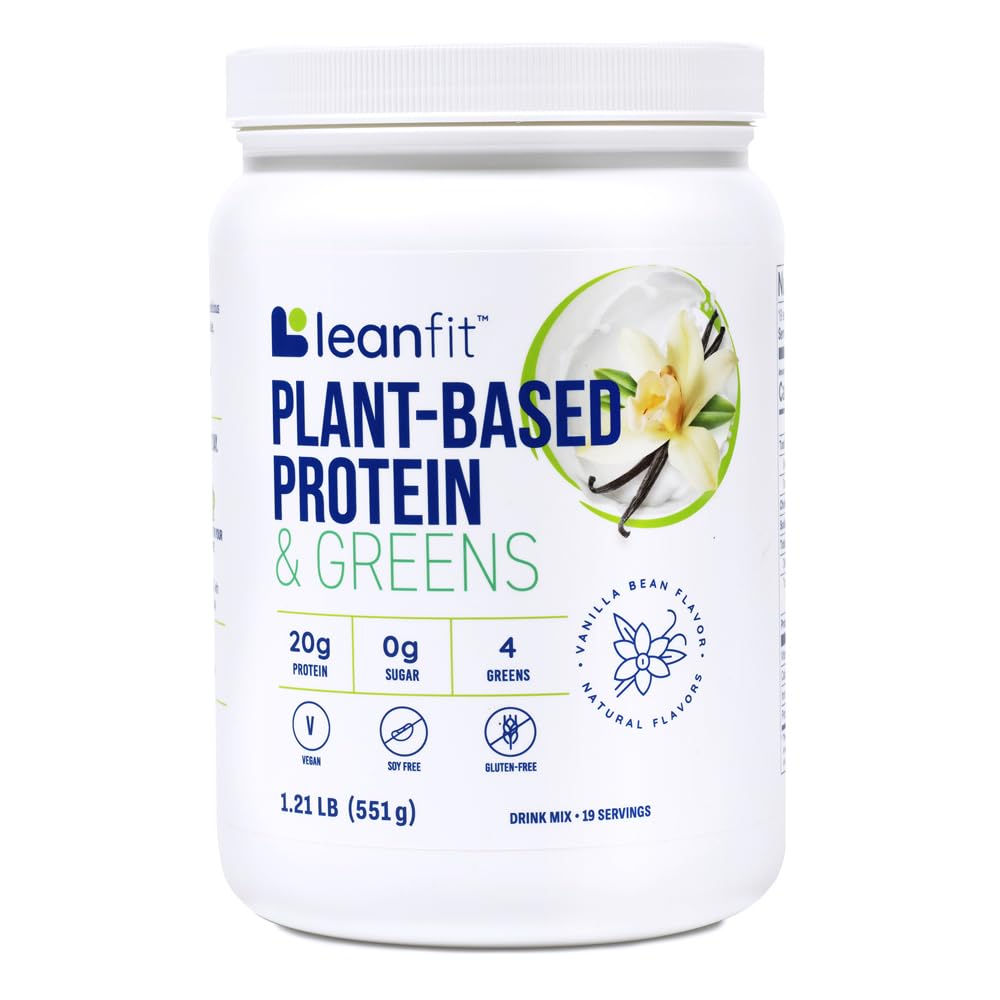 LeanFit Plant-Based Protein & Greens Natural Vanilla – 20g Plant Protein + 4 Greens Leafy Per Serving – Vegan, Gluten-Free, Soy-Free, No Sugar – 19 Servings, 1.21 Pound Tub