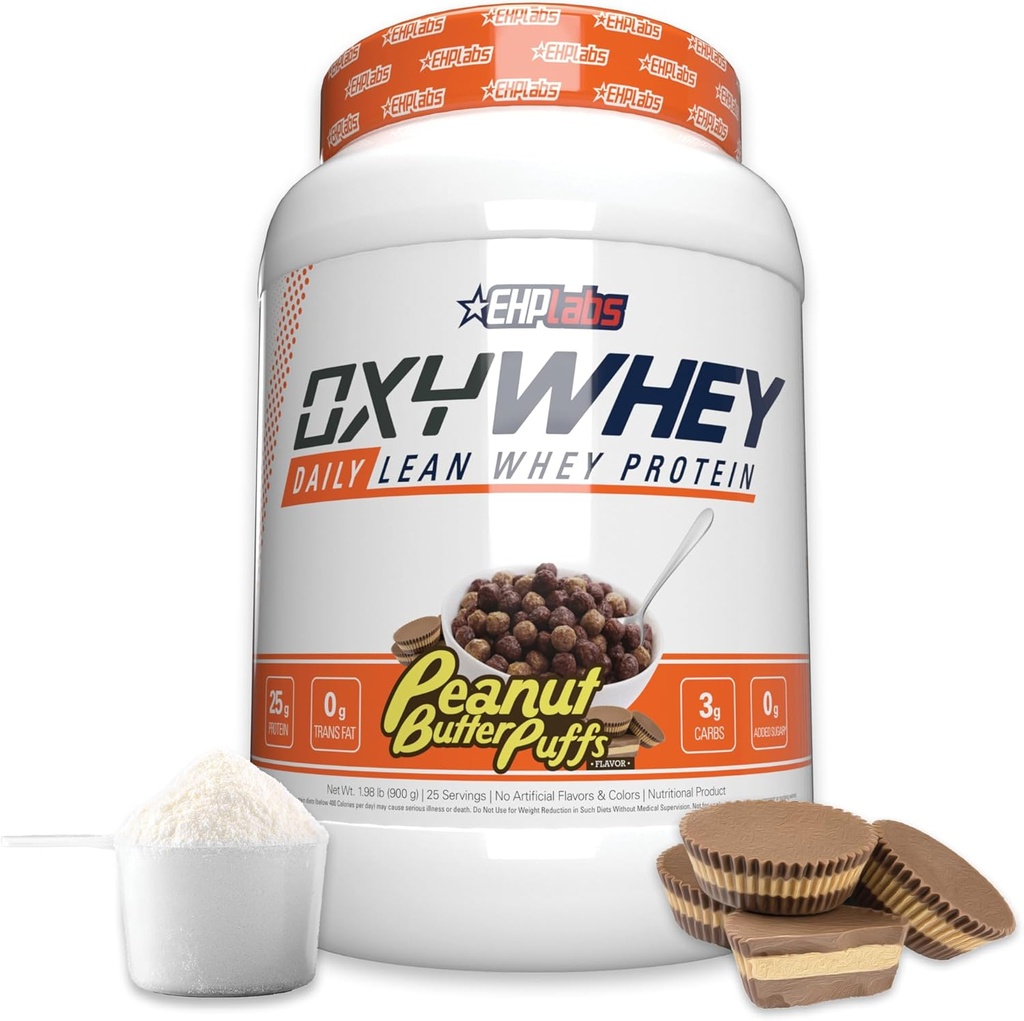 EHP Labs OxyWhey Protein Whey Isolate – 25g de protéines élevées, faible teneur en glucides, sucre de remplacement sans repas – Lean Whey poudre pour la récupération musculaire – Non-OGM, sans gluten – 25 portions – Puffs de beurre d'arachide
