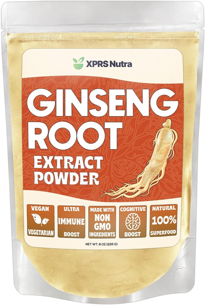 XPRS Nutra Ginseng Wurzel-Extrakt-Pulver - Ginseng Pulver unterstützt kognitive Funktion, körperliche Leistung und Immunsystem - Vegan Friendly Panax Ginseng in Pulverform (8 Unze)