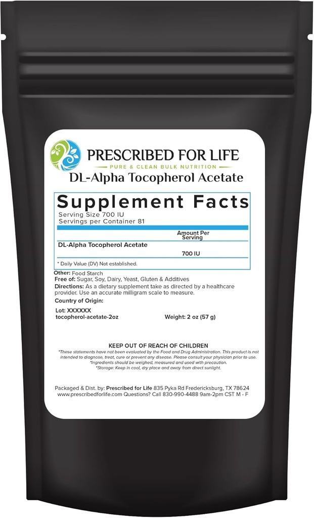 Verschrieben für Leben Tocopherol Acetate Pulver, Wasser löslich Alpha Vitamin E, 700 IU gm Pulver, Vegan, Glutenfrei, Non GMO (2oz / 56g)