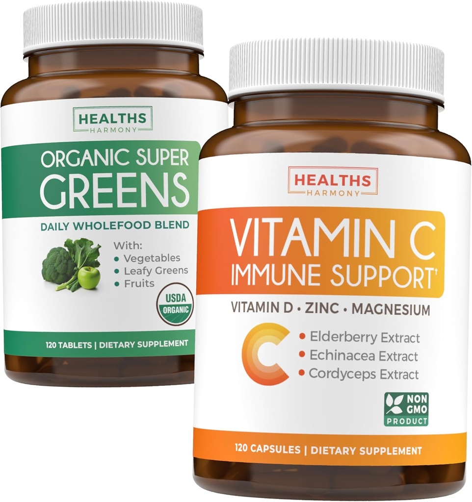 Super Greens & Vitamin C (2-Monats-Versorgung) Super C Greens Bundle Bio Super Greens Powder - Komplette Superfood (120 Kapseln) & &amp; Vitamin C Immununterstützung (120 vegetarische Kapseln)