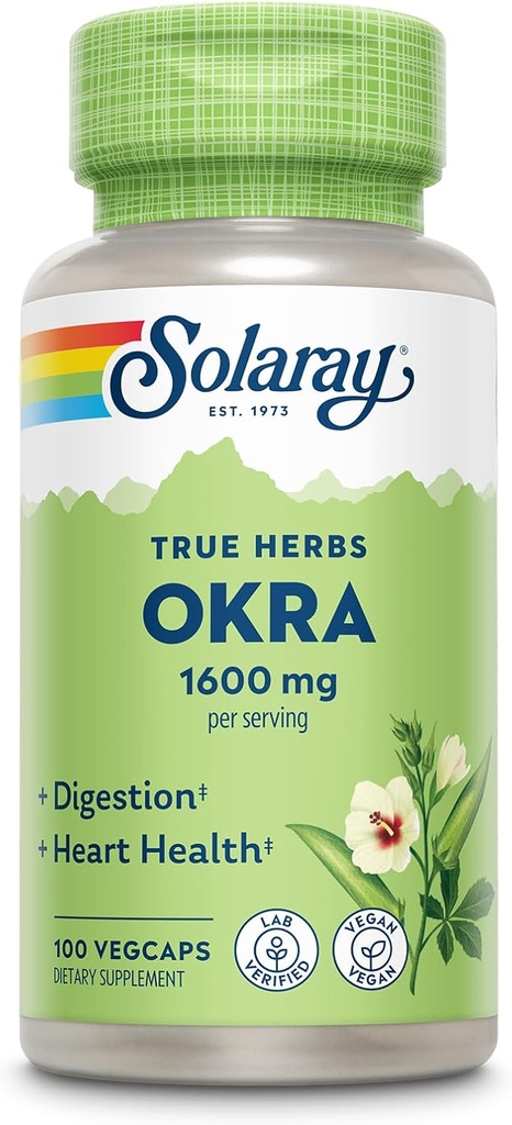 SOLARAY Okra Fruit 1600 mg - High Fiber Supplement for Wellness Support - Rich Source of Soluble Fiber - Equivalente di 6.4 g Fresh Okra per Serving, Vegan, 60-Day Guarantee - 25 Serve, 100 VegCaps