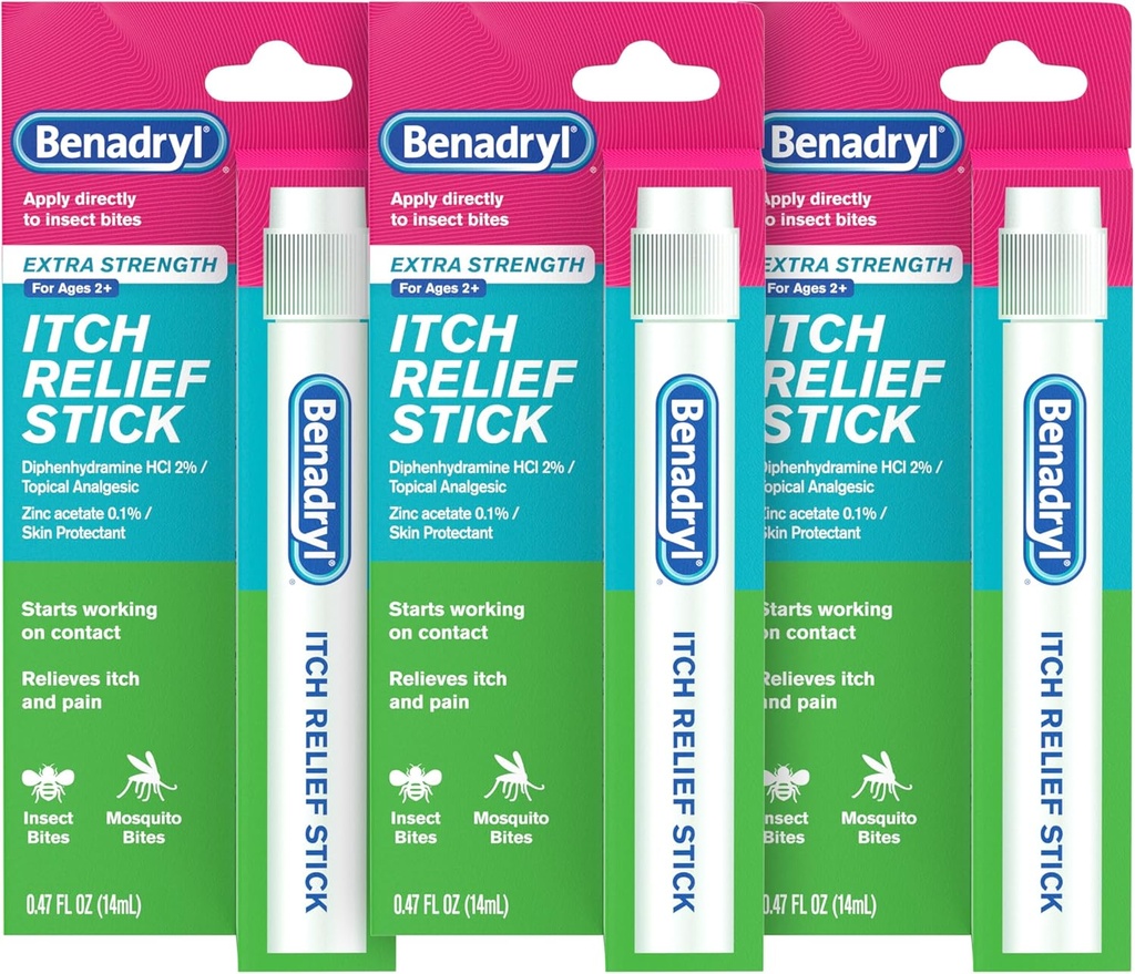 Benadryl Extra Strength Anti-Itch Relief Stick, Bug Bite Itch Relief, Diphenhydramine HCl topal Analgetik & Zink-Azetat Hautschutz, Groß für Camping Essentials, 0.47 fl oz (Pack von 3)