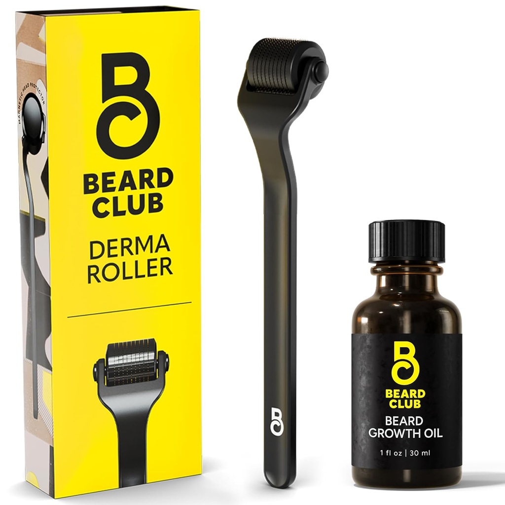 Il Beard Club Derma Roller & Beard Growth Oil - Rullo Microneedling con 540 Microneedles in titanio per viso, Corpo & Scalp - Rullo del cuscinetto con olio del cuscinetto di legno & Cedar
