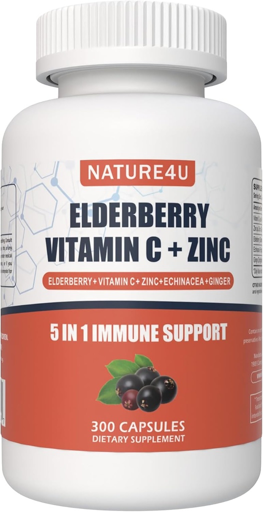 5 in 1 Elderberry Immun Support Supplement, Tägliche Immun Booster für Erwachsene Antioxidantien Supplement, Elderberry 1000 mg, Vitamin C, Zink, Echinacea, Ginger, 300 Vegan Kapseln - 5 Monate