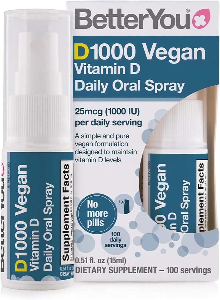 BetterYou D1000 Vegan Vitamin D Oral Spray - Günstig Alternative für Tablets - Plant-Origin - Fördert starke Knochen, Zähne und Immunsystem - Beihilfe in der Calciumabsorption - 100 tägliche Dosen - 0,5 oz