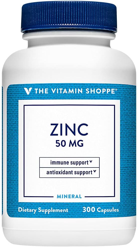 Zinco 50mg Supporta la salute della funzione immunitaria sana dell'occhio, altamente assorbibile, supplemento antiossidante giornaliero di servizio, latticini senza glutine (300 capsule) da La vitamina Shoppe