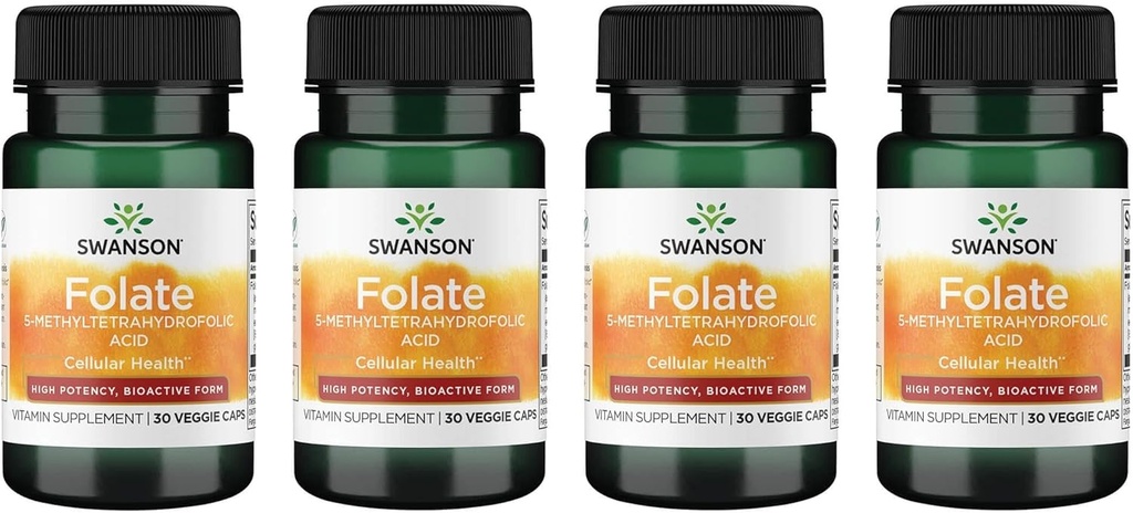 Swanson Folate 5-Methyltetrahydrofolsäure - Hohe Potenz, Bioaktive Form 800 mcg Dfe 30 Veg Caps (4 Pack)