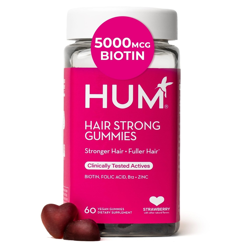 HUM Cheveux Forts Gommies de croissance quotidienne des cheveux avec Biotine, Zinc, Vitamine B12 pour soutenir la croissance, Acide folique et Vitamine B12 Vitamines Gommy pour le soutien des cheveux sains pour les femmes et les hommes, 60 Gommies