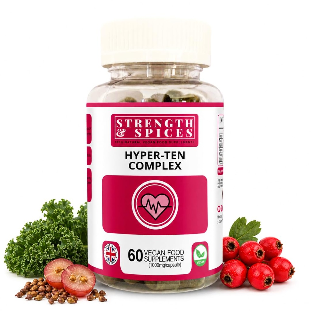 Strength & Spices Hypertensupport Supplément 100% naturel pour le système immunitaire et la santé du cœur – 15 ingrédients w Hawthorn Berry, Graines de raisin et baies - 60 Vegan UK Made 1000mg Capsules