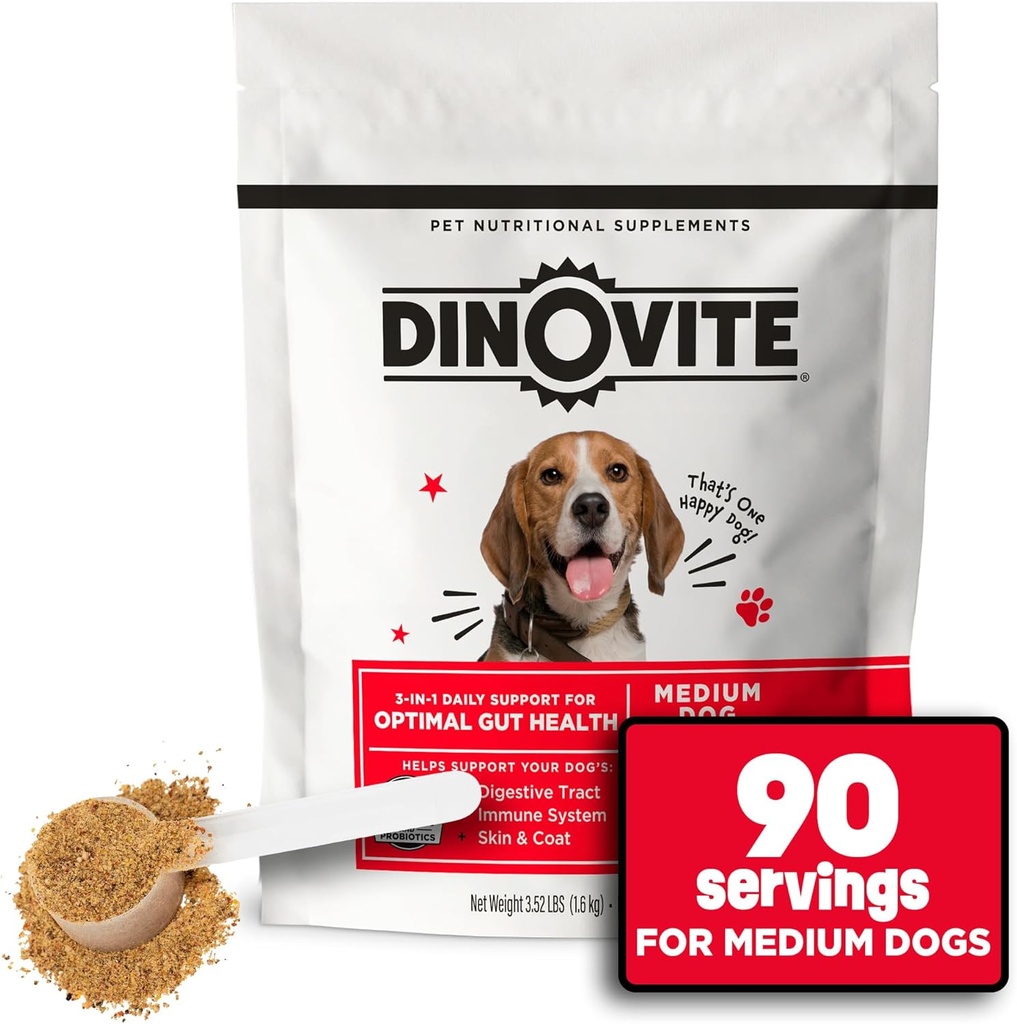 Dinovit 3 in 1 Probiotikum für mittlere Hunde, Haut und Mantel, Verdauungs-Gesundheit & Gelenkrelief, Hundefutter Toppers, Immununterstützung, Allergy Relief & Itch Relief Hautpflege, 90 Servietten (18-45lb)