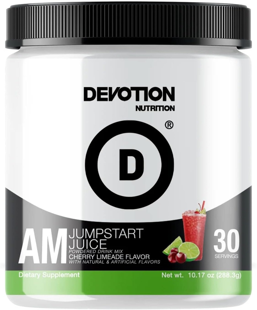 Devozione Nutrizione AM JumpStart Juice | Integratore di miscela di bevanda in polvere | Aminoacidi essenziali & Nootropics per funzione cognitiva & messa a fuoco | 30 Serve (Limeade ciliegia)