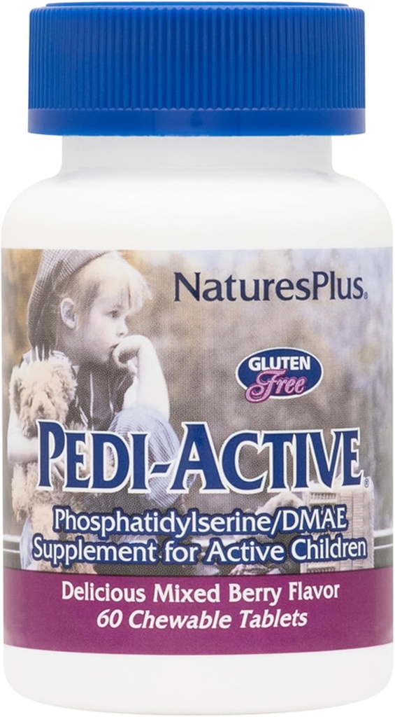 NaturesPlus Pedi-Active LECI-PS, DMAE Complex - 60 Chewable Tablets - Mixed Berry Flavor - Bambini Chewable Supplement, Promuove la salute del cervello, Focus - Vegetariano, senza glutine - 30 Serve