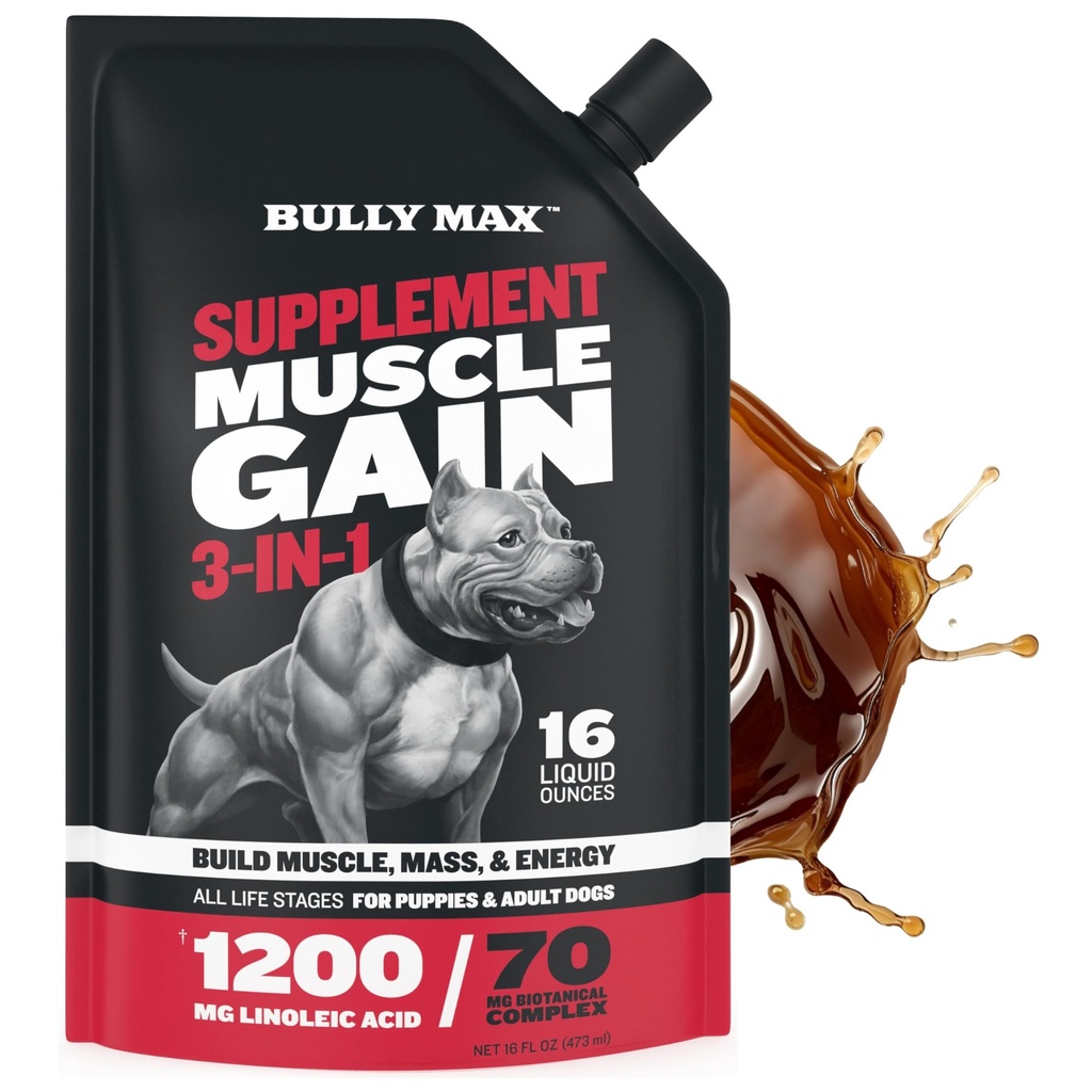 Bully Max 3-en-1 Liquid Dog Muscle Builder for Puppy and Adult Dogs - Vitamines et suppléments pour chien pour la performance, l'énergie, la récupération, le soutien immunitaire, la peau, la santé du manteau - Supplément canine pour toutes les races