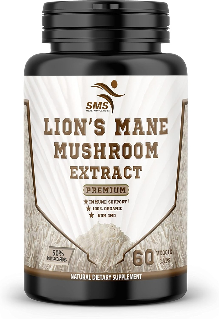 Capsule di cognizione del fungo del mushroom del leone (60 capsule di verdure) 30% Polysaccharides- Lions Mane Extract Capsules | Brain Supplement, per la salute del cervello e il supporto della memoria