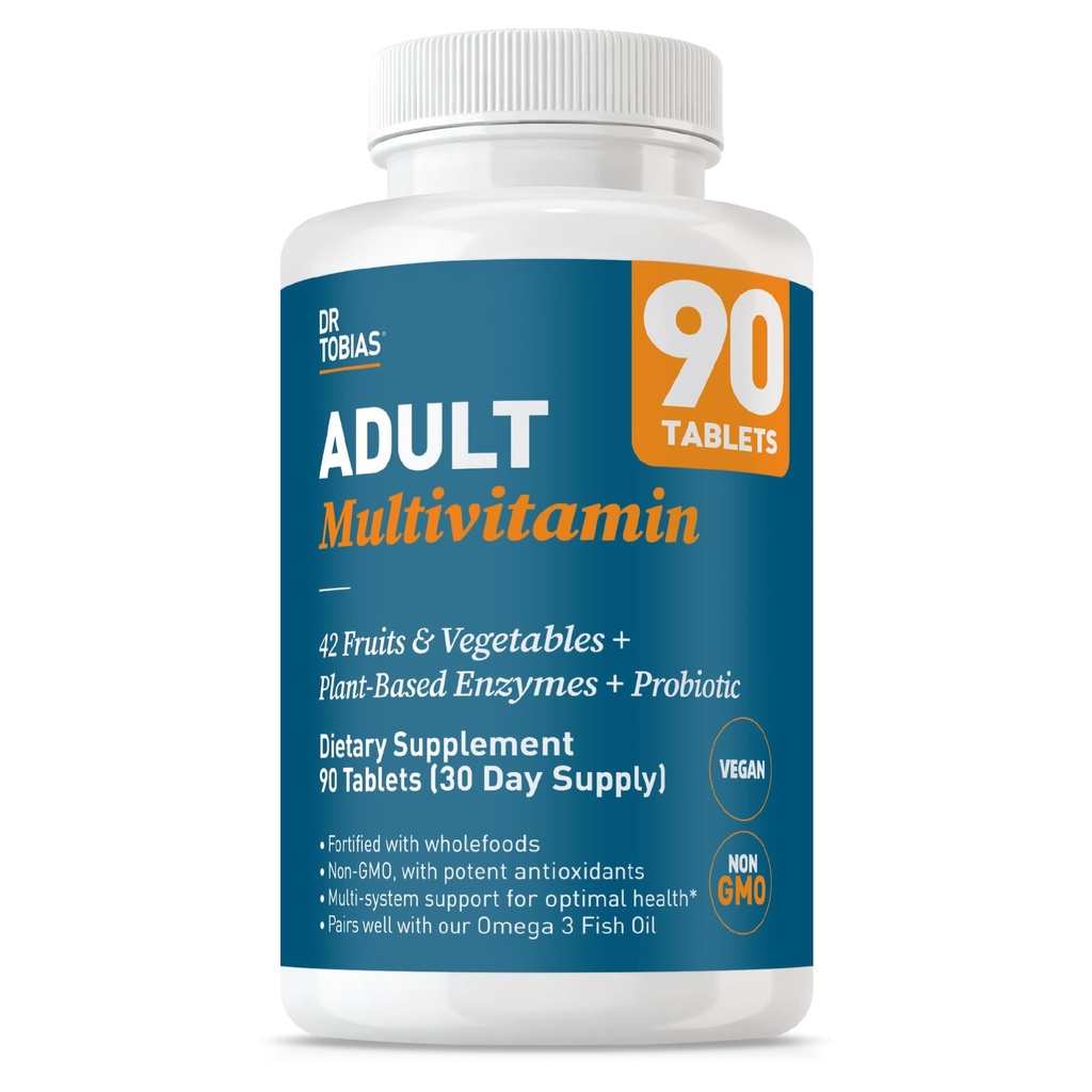 Dr. Tobias Adult Multivitamina per le donne e gli uomini, Immune che supporta le vitamine da 42 Frutti, Verdura, Plus Probiotici, Vegan Multivitaminici per gli uomini e le donne, Non-GMO, 90 compresse, 30 Serve