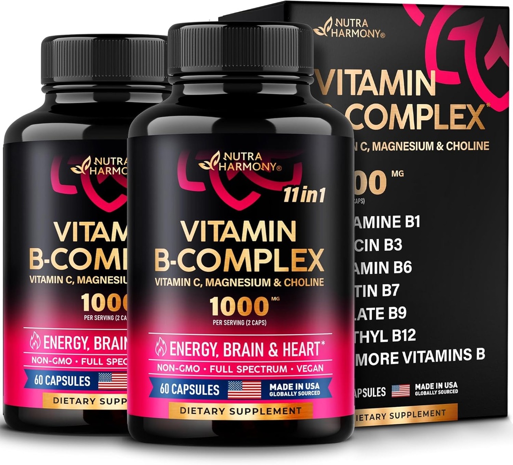 Vitamin B-Komplex für Männer und Frauen - Made in USA - 11-in-1 B-Komplex: B1, B2, B3, B5, B6, B7, B8, B9, B12 mit Vitamin C, Choline, Inositol - Energie, Gehirn & Herz-Unterstützungsergänzung - Paket von 2