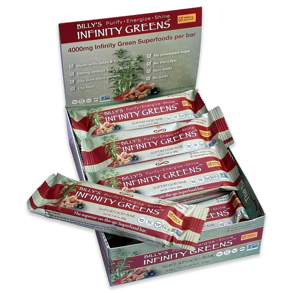Infinity Greens Superfood Bars, Pflanzenbasiertes Meal Ersatz Bar mit 4000mg Infinity Greens Superfood Powder, Organic, Raw, Gluten Free, Non GMO (12 Bars)