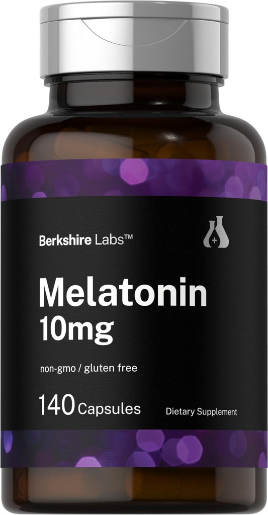 Horbäach Berkshire Labs Melatonin 10mg | 140 capsule di rilascio rapido | Formula di resistenza extra | Non-GMO, Integratore senza glutine