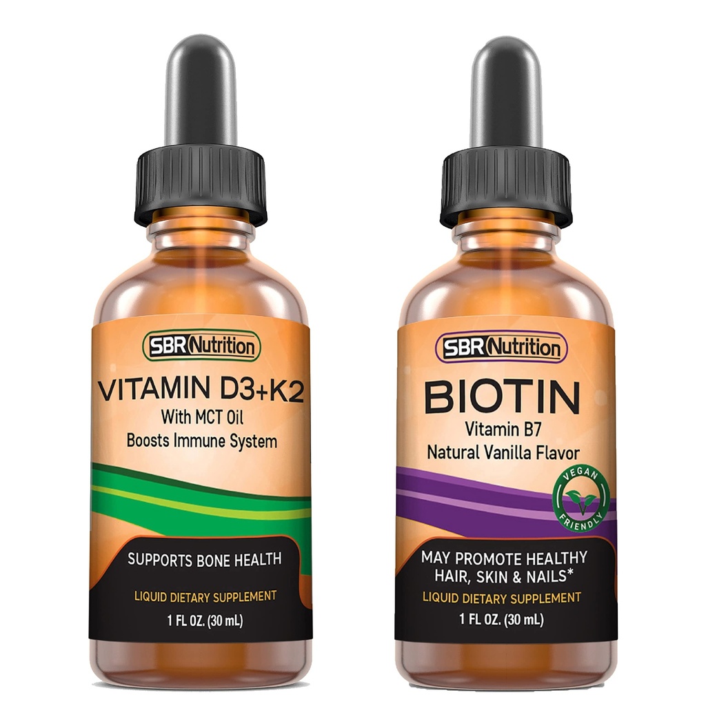 SBR Nutrition D3+K2 und Biotin Bundle Vitamin D3K2 (MK7) Flüssigkeitstropfen, Pfefferminz, 1oz | Biotin 5000mcg Flüssigkeitstropfen, Vanille 2oz | für Erwachsene & Kinder | Non-GMO, Glutenfrei