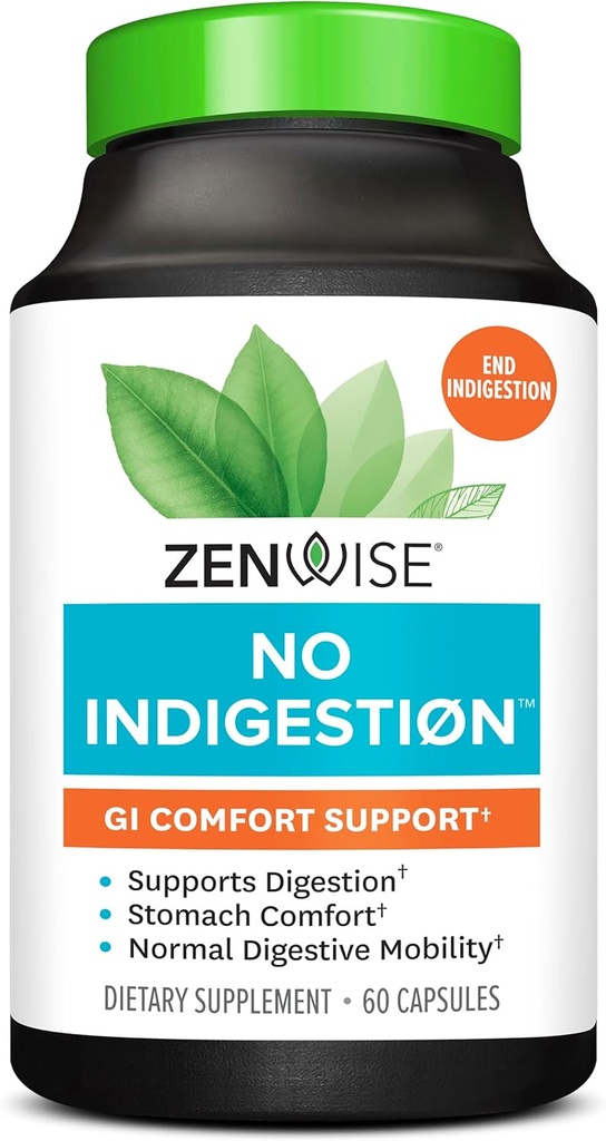 Zenwise No Indigestion - Indigestion Relief mit Verdauungsenzymen, Apfelessig, Ingwer und Pfefferminz für Gut Health, Constipation und Bloating, Vegan Fiber Supplement Frauen und Männer