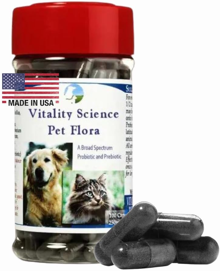 Vitality Science Pet Probiotico per gatti e cani | Pet Flora - Grande per diarrea, Vomito, Gas, Condizioni della pelle - Additivo gratuito (50 Caps)