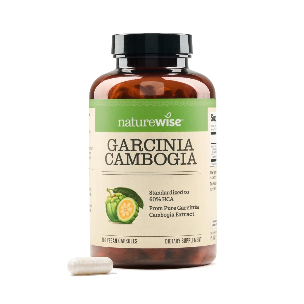 Naturewise Garcinia Cambogia - 60% HCA Estratto di concentrazione, supporto naturale per gli obiettivi di peso e livelli di energia - Vegan, Non OGM, Gluten Free - 180 capsule[2-6 Mese di alimentazione]