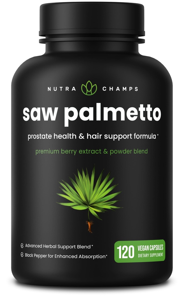 NutraChamps Saw Palmetto Supplement für Prostatagesundheit [Extra Strength] 600mg Komplex mit Extrakt, Berry Powder & Herbs - Unterstützt gesunde Urinationshäufigkeit, 120 Kapseln