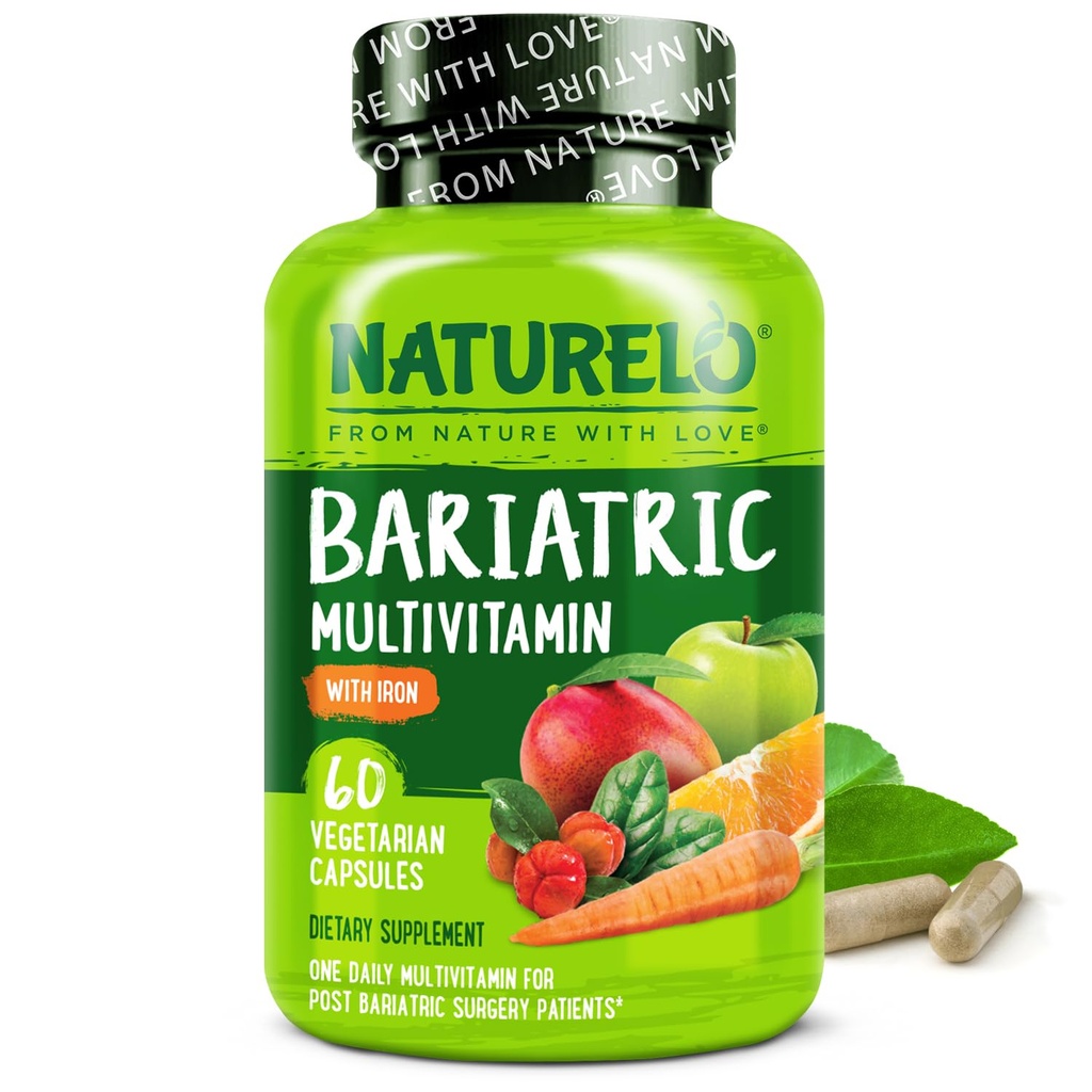 NATURELO Bariatric Multivitamin - Un giorno con Ferro - Supplemento per Pazienti di Chirurgia Post Gastrica Bypass - Natural Whole Food Nutrition - 60 Capsule Veggie