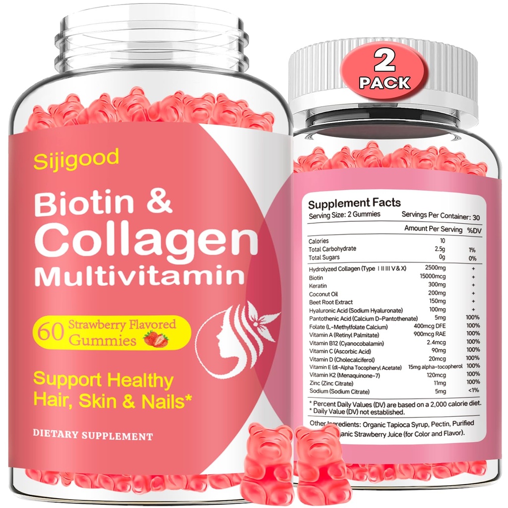 2 pacchi di collagene per gli uomini delle donne, peptidi di collagene idrolizzato tipi I,II,III,V,X con acido biotin & ialuronico, vitamine C A D E B12 K2 supporto, senza zucchero per unghie dei capelli della pelle Energia immunità