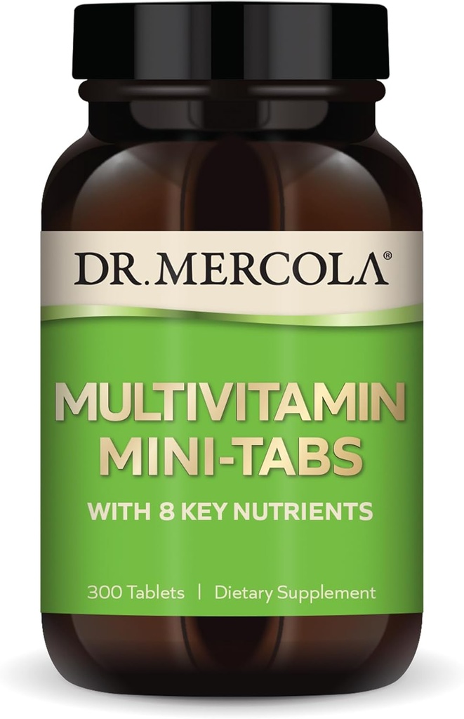Dr. Mercola Multivitamin Mini-Tabs, 30 portions (300 comprimés), avec 8 nutriments clés, suppléments alimentaires, soutient la santé immunitaire et cérébrale, non OGM