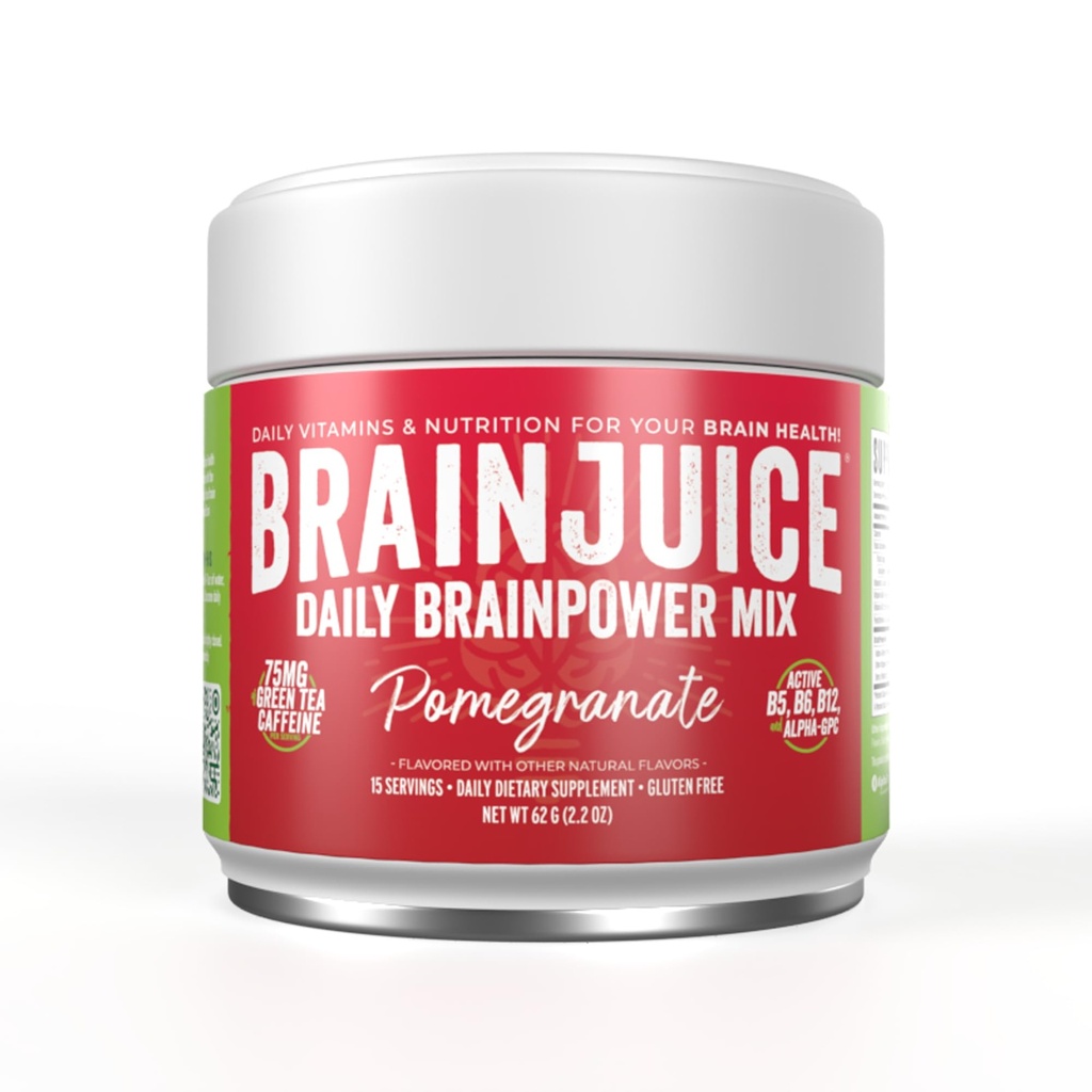 BrainJuice Nootropics Brain-Supplement, Glutenfreies Pulver für Energie und Fokus, Getränk Mischung mit L Theanin, Alpha GPC, Vitamin B, Bio-Grün-Tee-Extrakt Koffein, Granatapfel, 15 Portionen